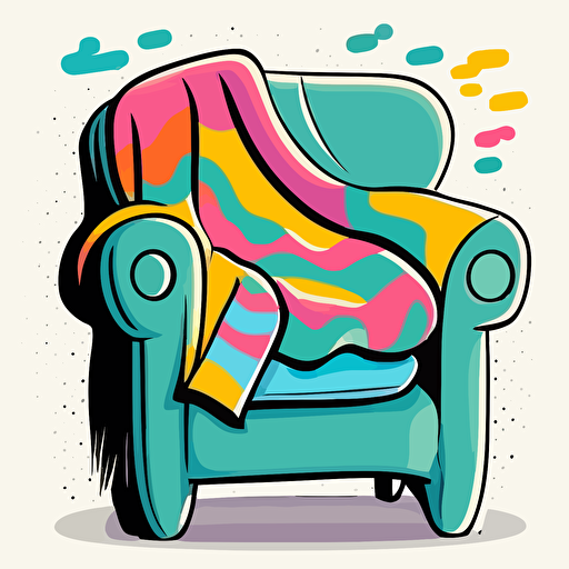 empty oversized stuffed chair with a throw blanket, Sticker, Excited, Bright Colors, Naive Art Style, Contour, Vector, White Background, Detailed