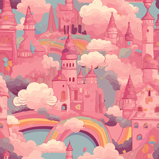 Pink Castle Of Princess Fantasy Flying Palace In White Magic Clouds Fairytale Royal Heaven Palace Cartoon Magical Rainbow Vector Illustration pink white