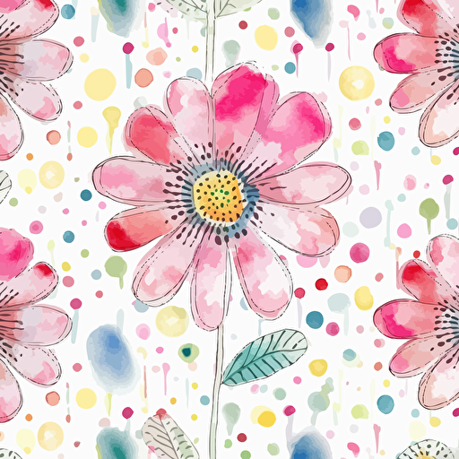 whimsical single big flower in Watercolor pattern in the style of nursery artwork. Bright, sweet. Highly Detailed, vector, render, intricate, cute, adorable, lovely. Seamless pattern repeat.