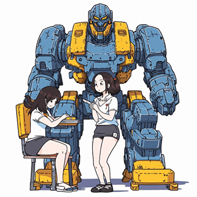 A giant robot is helping an anime girl inspired by K-on to do barebell bench press with four plates, empty background, in the style of japanese animation, bright color, simple design, no background, empty background, wearing sbd gear outfit, facial expression displayed a strained expression, sweat dripping from the furrowed brow, toungue is out