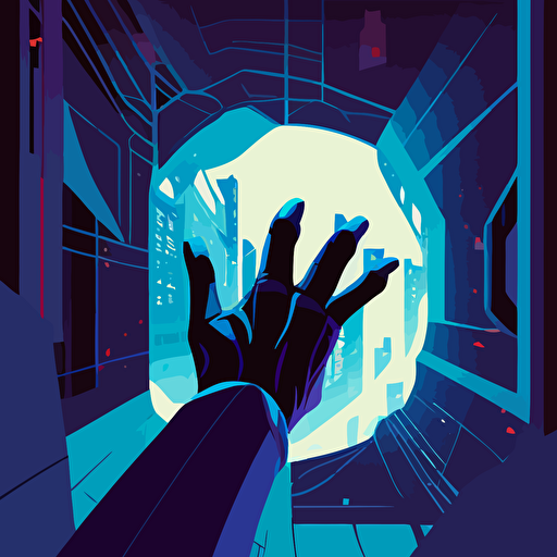 A vector illustration of a hand entering into the virtual world, only in blue and black tones, fluid composition, in the stlye of spider-man: into the spider verse