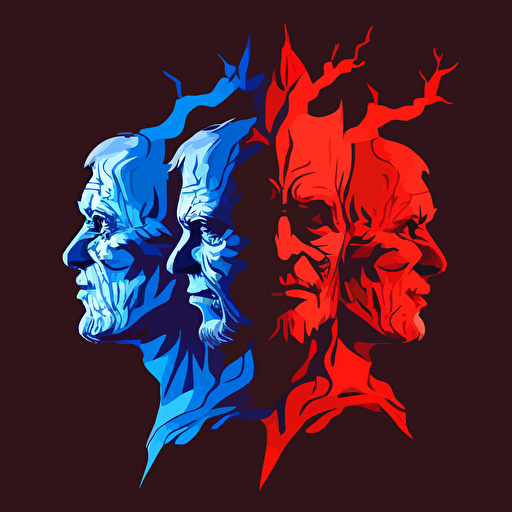 4 elder, Malevolent, Introspection, red color, blue background, simple design, vector style, white outline over silhouette