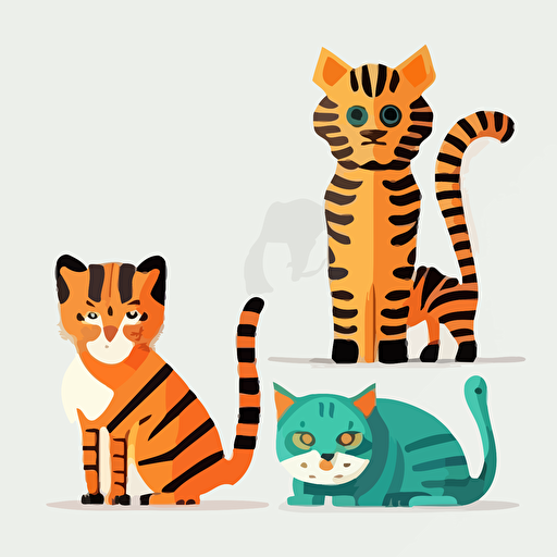 cat, dog, coala, tiger in flat cartony naive childish style, flat vector 2d on white background