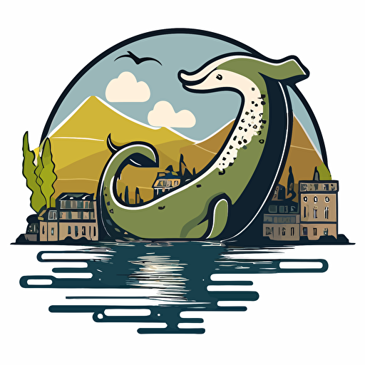 loch ness monster in the bad part of the city, vector logo, vector art, emblem, simple cartoon, 2d, no text, white background