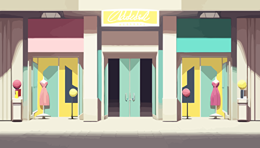Entrance to a fashion store in a mall with an whitelabeled display above the door, in the style of lively tableaus, li-core, colorful, vectorized