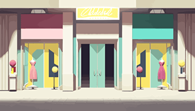 Entrance to a fashion store in a mall with an whitelabeled display above the door, in the style of lively tableaus, li-core, colorful, vectorized