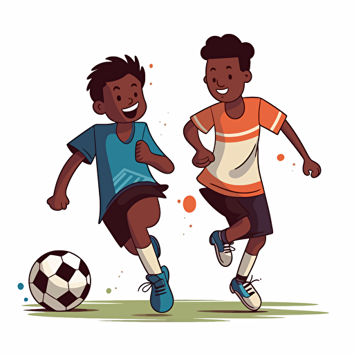 Vector illustration of handsome, happy 9 years old black boy and 9 years old white boy playing soccer in vivid colors with white background