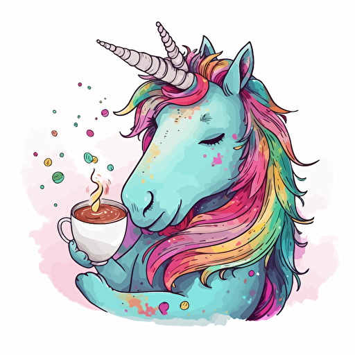 vector hand drawn rainbow color unicorn drinking coffee