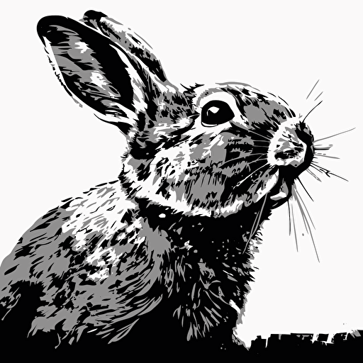 close up of expressive rabbit chewing, in style of charles williams, black and white, flat, vector, line drawling, white background ar 1:1