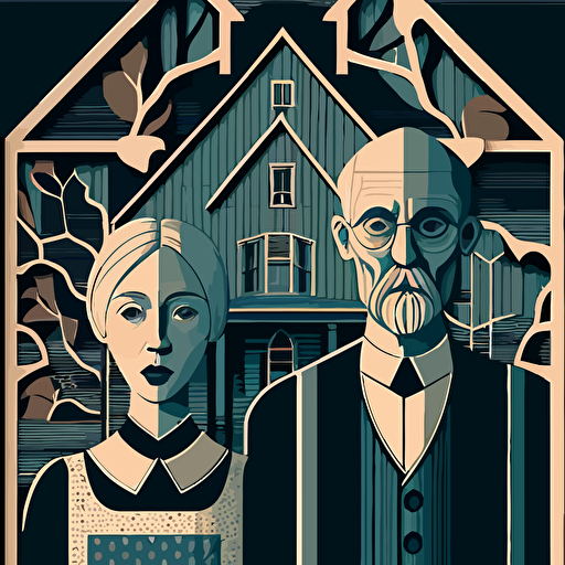 2d illustration vector abstract geometric recreation of Grant Wood's American Gothic