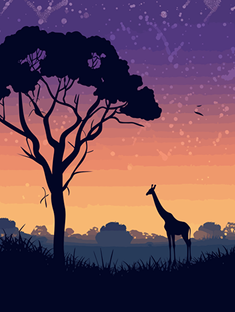 flat vector illustration, savannah, dusk, stars, high quality, detailed