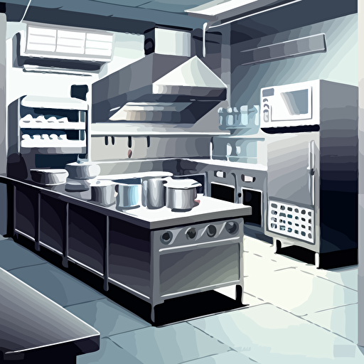 illustration of industrial kitchen, silver countertops, white walls, vector illustration, cartoonish, detailed