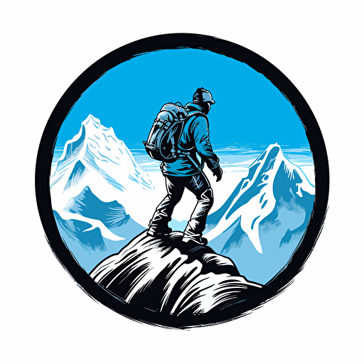 alpine climber on a snowy mountain LOGO, black to ice blue, vector white background