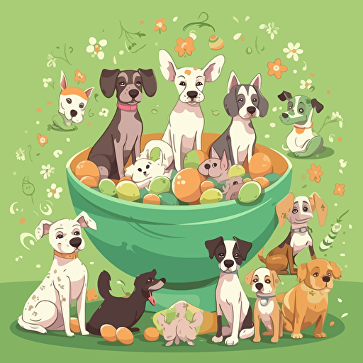 happy dogs around easter eggs. modern and simply Vector grafic, cartoon, 2D, high details, inspired by pet patrol, Green background