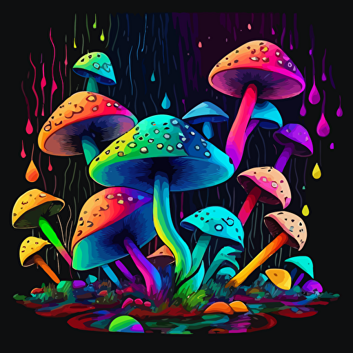 Dmt mushroom combination bright and vibrant with a waterfall animated effect with bright colors and make it a png vector. Make the background colored tiles that look like there opening up into another dimension with the effects of Dmt and lsd