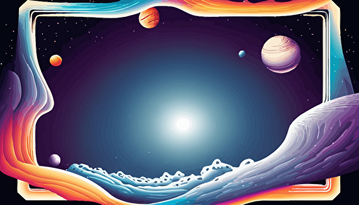 2D Vector, 1990s poster, liminal space backdrop with border, mostly empty, cosmic stars space galaxy, high definition, soft gradients