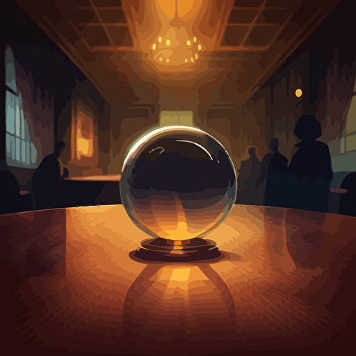 an illustrated scene of a magic ball in a business scenario on a table surface. vector, moody