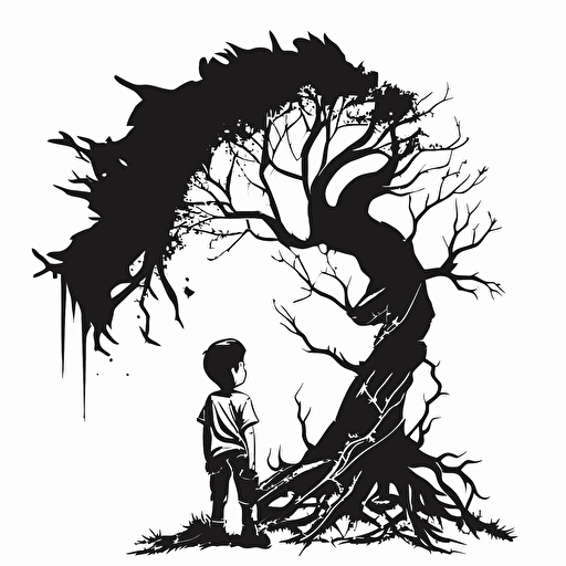 tall and skinny tree, with branches that twisted and turned in every direction. Black and White vector illustration. Also a little boy looking up at the tree