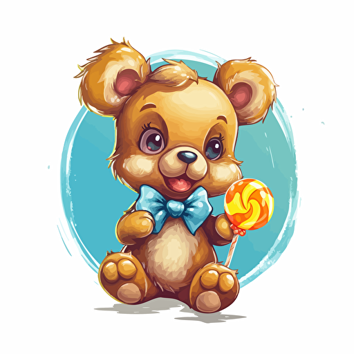 cybor teddy bear holding a lollypop wrapped in a bow logo design, vector art