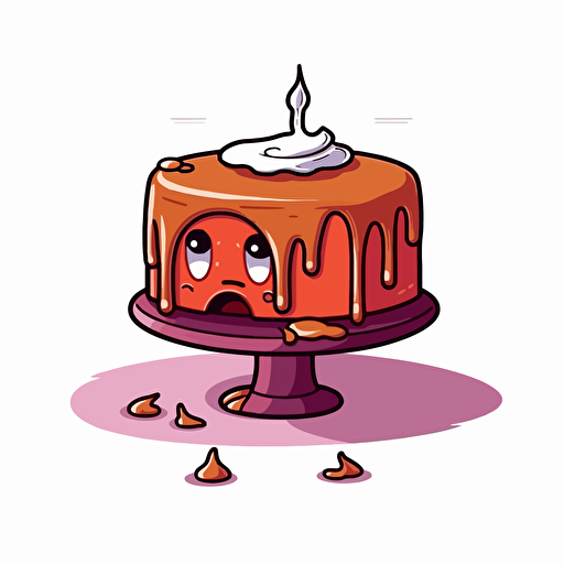 a anthropomorphic cake with limbs crying sadly, vector, simple colors, white background