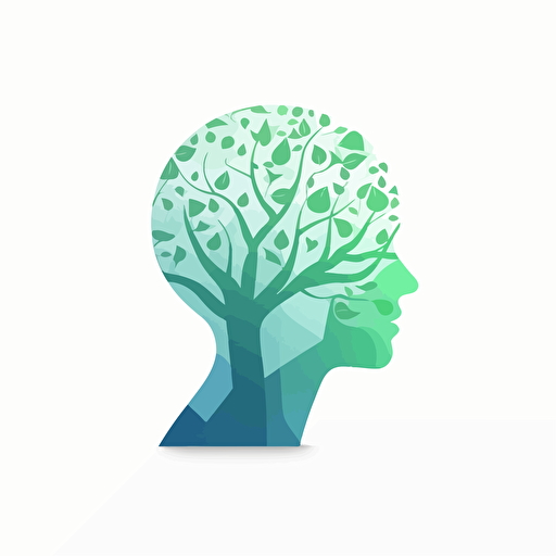 Abstract minimalist flat design symmetrical vector logo for a climate-change startup pastel green gradient where only branches and leaves combine to form the shape of a side profile of a human face with a white background