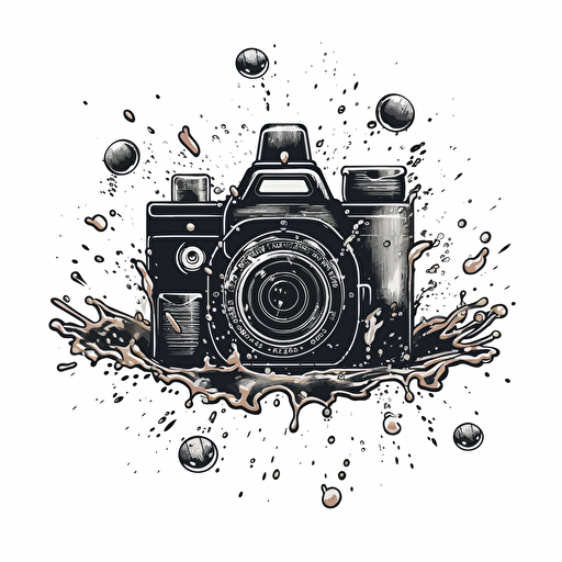 logo of old school film camera surrounded by water and ammo bullets, black vector, on whte background