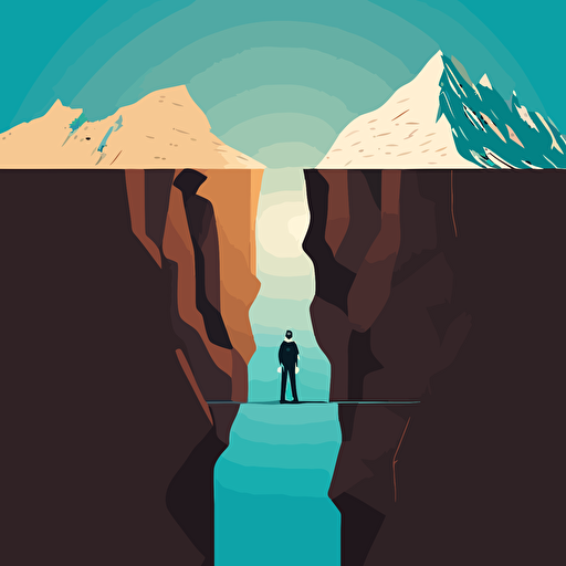2d vector illustration, one businessman is on the top left of a gap between two mountain cliffs. Simple, bright. 1600x1200px