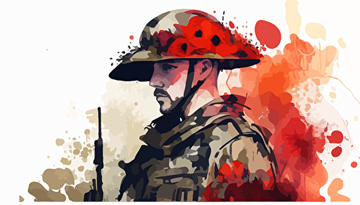 australian soldier and red poppy, watercolour, minimalist, vector, countour