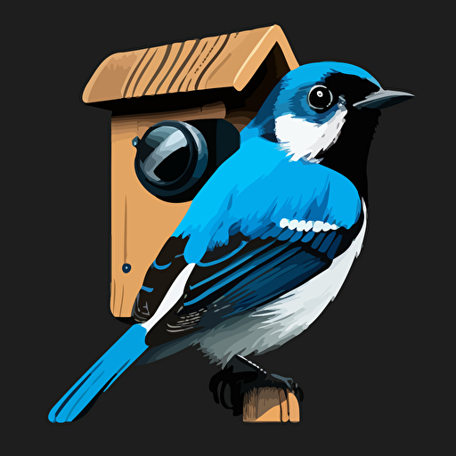 a birdhouse that looks like a DSLR, apus apus perched on the lens looking down at the camera, vector image, simple, three color, blue, black, white