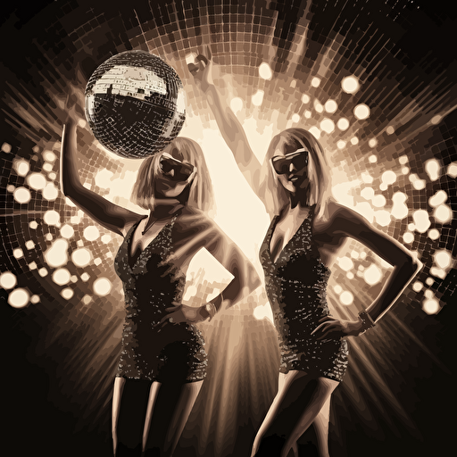 vector art, two gorgeous girls in black and silver bikinis dancing in a disco:: disco lights and mirror ball, Hed Kandi style, bokeh effect