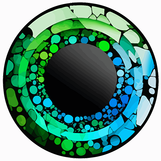 Vectore illustration, circle with black border, green/blue colors inside the circle with different geometric shape inside