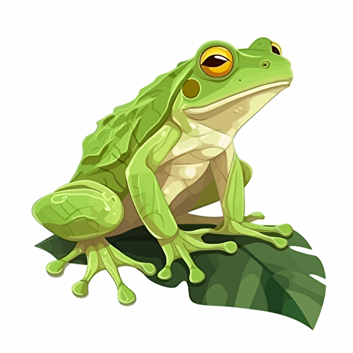 frog sitting on leaf, detailed, cartoon style, 2d clipart vector, creative and imaginative, hd, white background