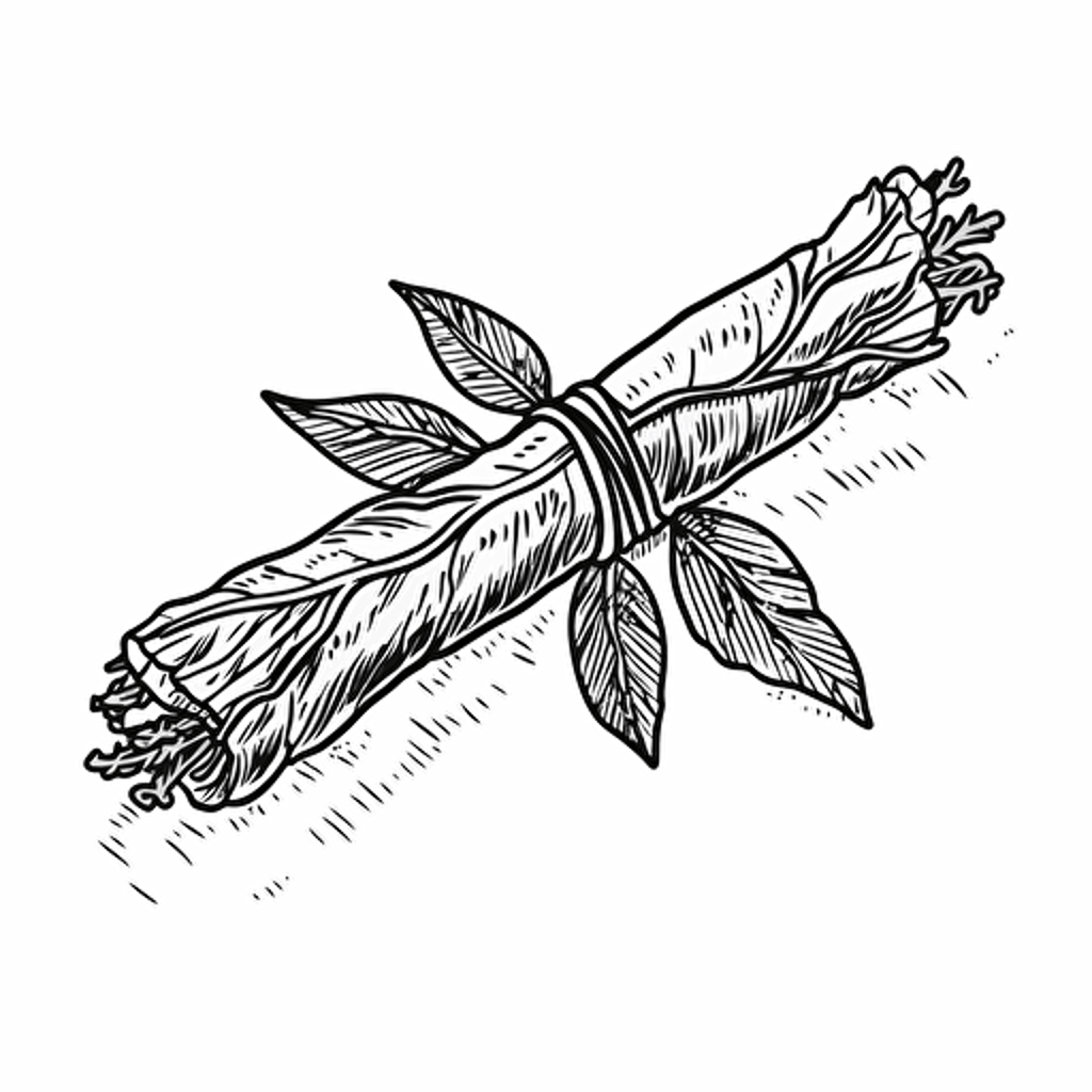 sage stick, smudge stick, vector style, 2d, outline in black, white background