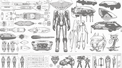 Mix set of all kinds of elements for a sci-fi story, manga comic style, vector illustration, concept art, video game, model sheet