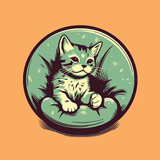 Cute kitten on sofa, circle logo, vector