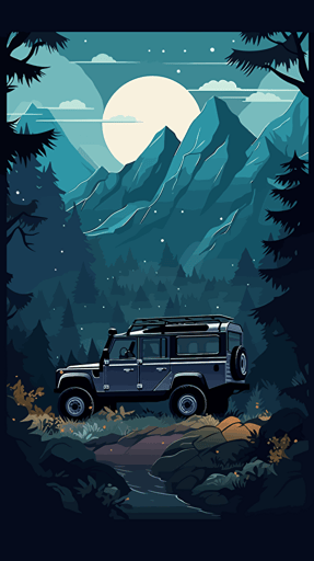 land rover, landscape of a foreign jungle planet with mountains, illuminated flora, slighly dark, vector illustration