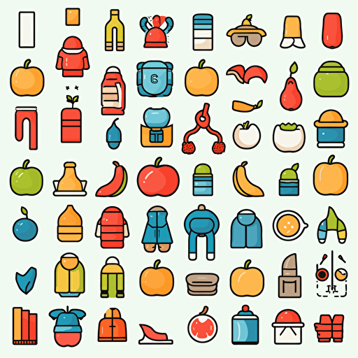A set of 30 different pictograms consisting of 3 apples and peaches, bag packs and duffel bags, skipants, beanies and hats, gloves and mittens. The collection is made easy to understand in its easy shape. Target Group: Children between the ages of 3 and 7, gender neutral. Image specification: 2D vector art. There's no color. Remove all colors. Use in black and white only.