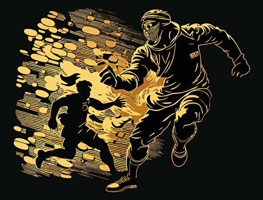 vector of robbery chasing victim and carrying gold copyright coins, in the style of code-based creations, innovating techniques
