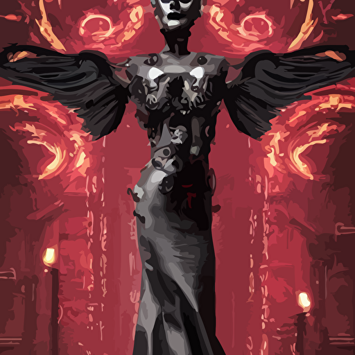 body cyberpunk style sculpture young beautiful dark priestess half android head opening exposing circuitry glowing red eyes black roses flowing blood red colored silk fabric candles baroque elements human skull length view baroque element intricate artwork caravaggio crows flying background trending artstation octane render cinematic lighting right hyper realism octane render 8k depth field 3d