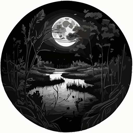 fantastical swamp drawing, monotone, single layer, no shadows, #000000, 700mm diameter perfect circle, black outer border, vector art, night time