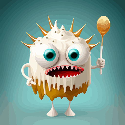 cupcake monster, with white cream as a head.with one huge eye in the it's center. Holding drums sticks on both hands, with BIG mouth with sharp teethes, wearing massiv gold neckless,vector