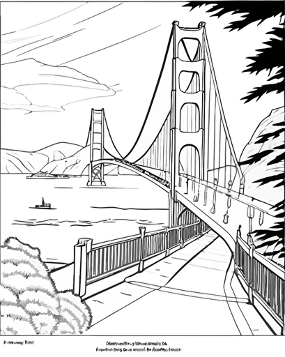 coloring page for children age 5-9 yrs, Golden Gate Bridge with a view of North Bay, coloring page black and white comic book flat vector, white background