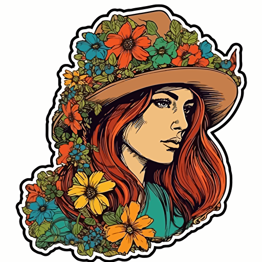 sticker, cowgirl, horse, colorful flowers, popart, vector, contour