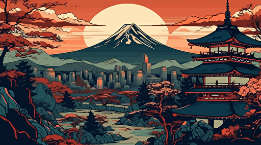 tokyo city scape with mount fuji in the background, 2d vector art ukiyo-e,