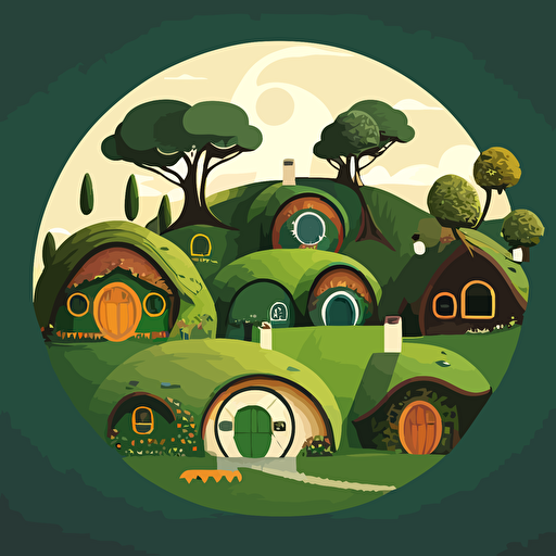 the shire with many hobbit homes with round doors, Green Fields, flat vector, studio ghibli style