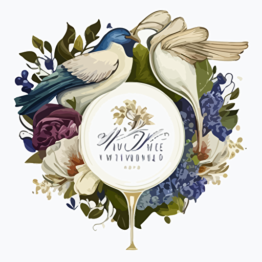 unique hyper detail flower and dove themed logo including and champagne glasses, white background, vector