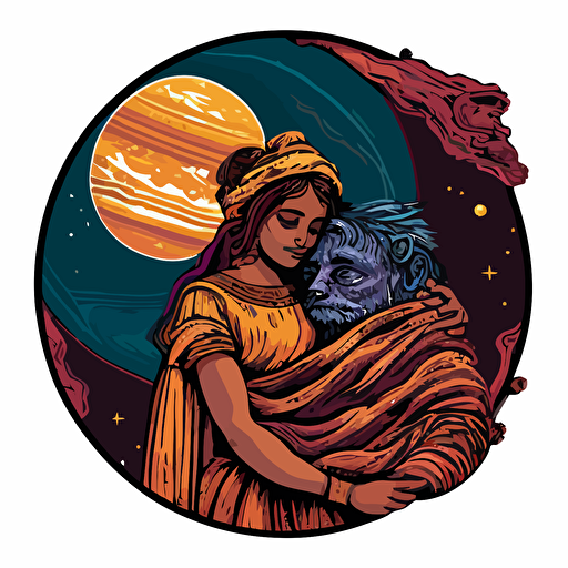vector art of jupiter with an indian couple on top of it hugging