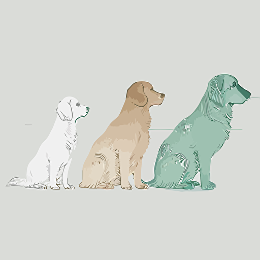 minimal vector, shows 3 different dog types and sizes, minimal colors, white background