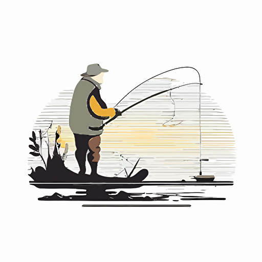 fisherman reeling in fish, lake, simple outline and shapes, flat vector, white background, ar9: 11