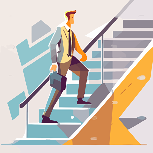 A man in casual business attire climbing a set of stairs in an office setting. flat style illustration for business ideas, flat design vector, industrial, light color pallet using a limited color pallet, high resolution, engineering/ construction and design, colored cartoon style, light indigo and light gold, cad( computer aided design) , white background